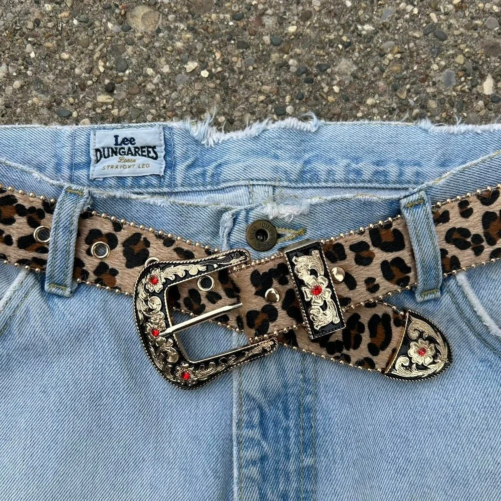 Vintage style cheetah leopard print fur belt american tan and brown bedazzled